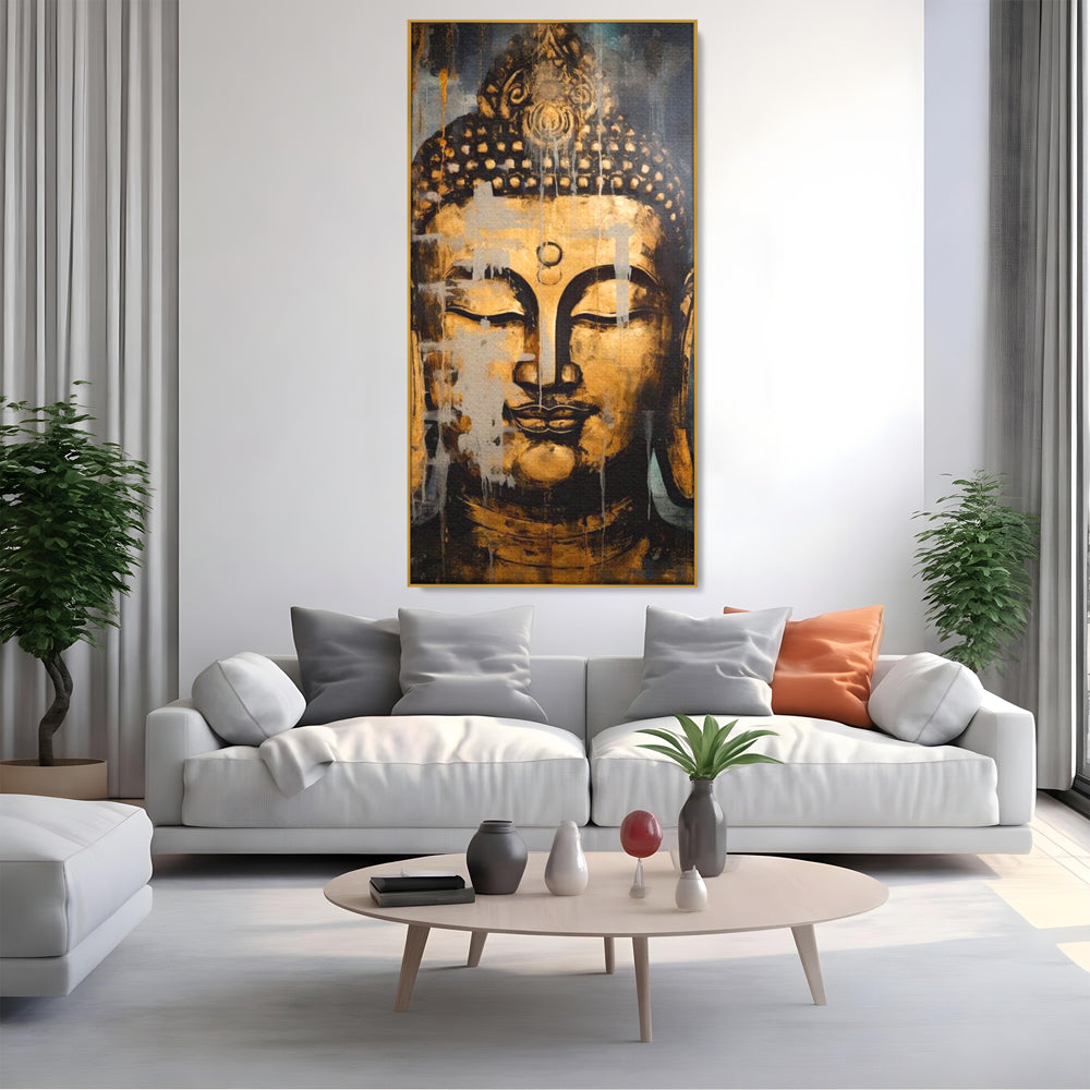 Tablou canvas cu tablou canvas cu chipul lui buddha, in rama de aluminiu auriu, pe perete intr-un living